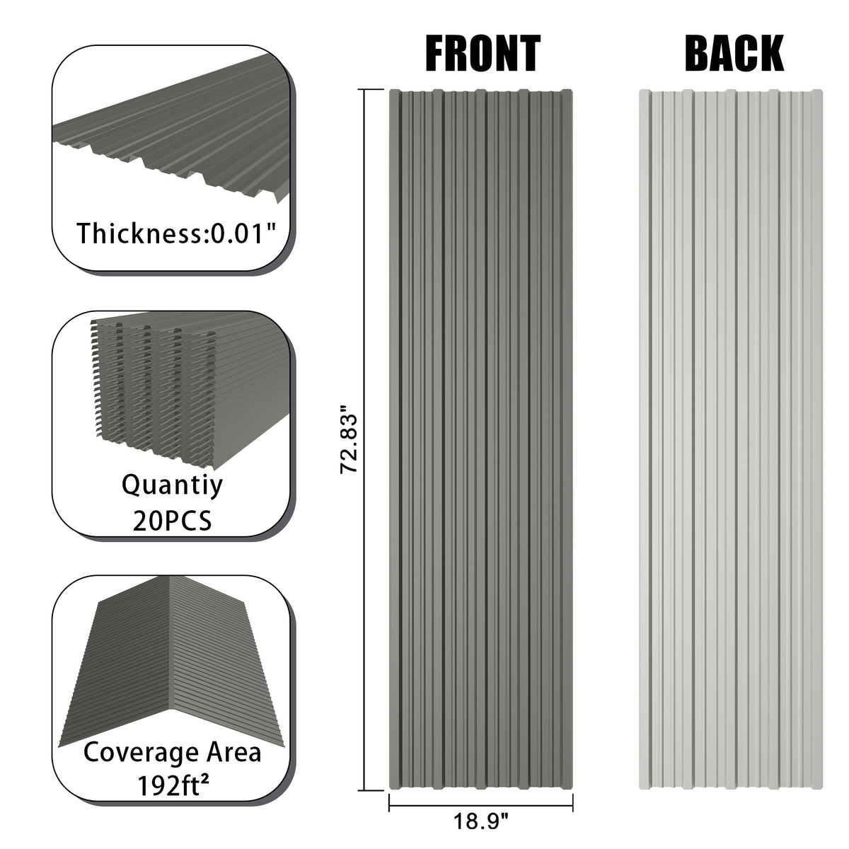 Corrugated Galvanized Metal Roofing Panels, 72.9 x 18.9 Inches, Light Gray, Set of 20