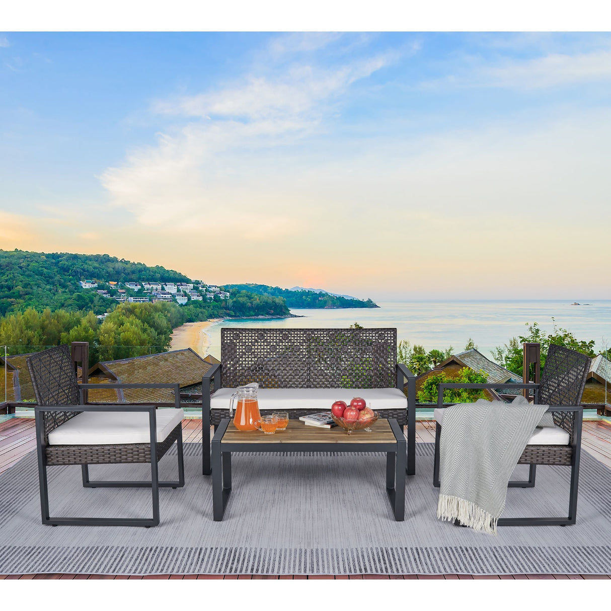 4 Piece Patio Furniture Set With Acacia Wood Table Top And Cushions