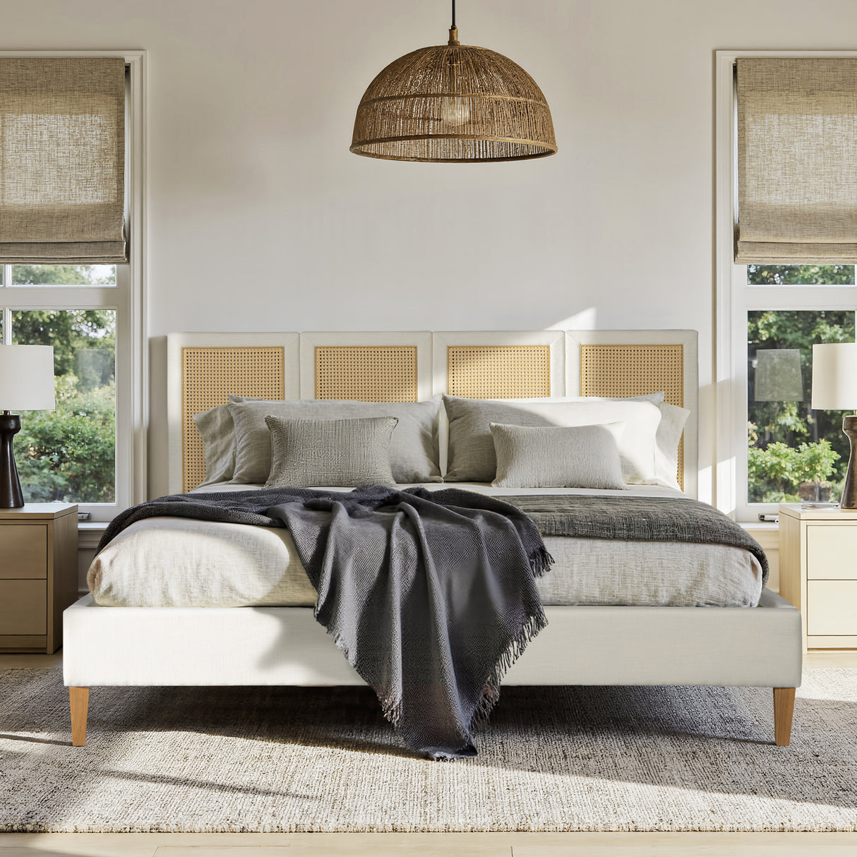 Toscana King Upholstered Cane Back Platform Bed, Antique