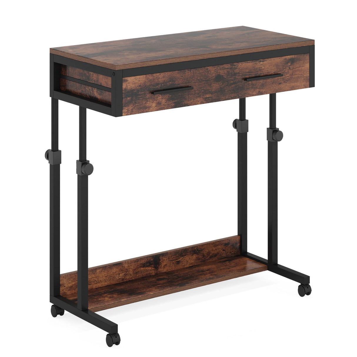 Portable Laptop Desk With Drawer & Wheels, Height Adjustable, Storage Shelf - Brown / Black