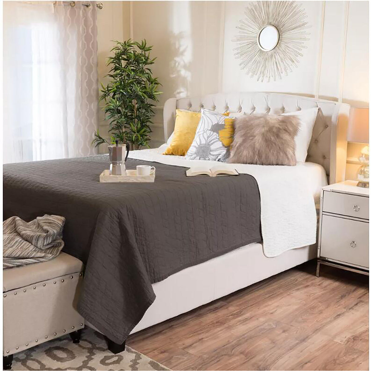 Twilight Fully Upholstered Fabric Wingback Queen Bed - Ivory