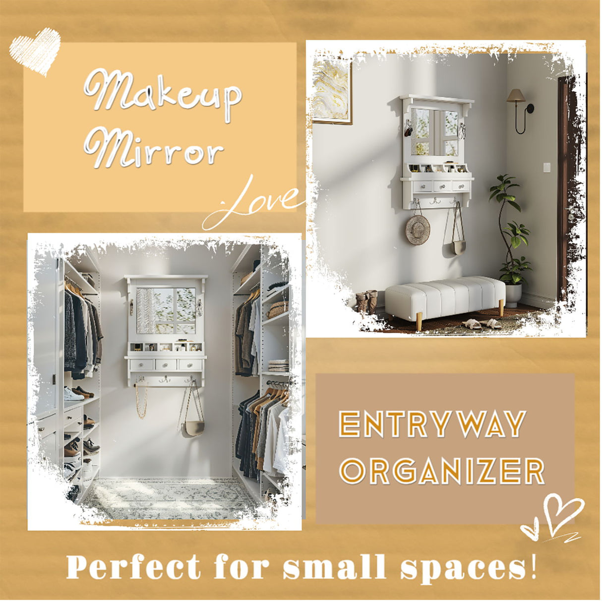 Floating Makeup Vanity With Big Mirror, Wall Mounted Storage Vanity With Drawers, Pockets & Hooks, Space Saving Decorative Home Organizer - White