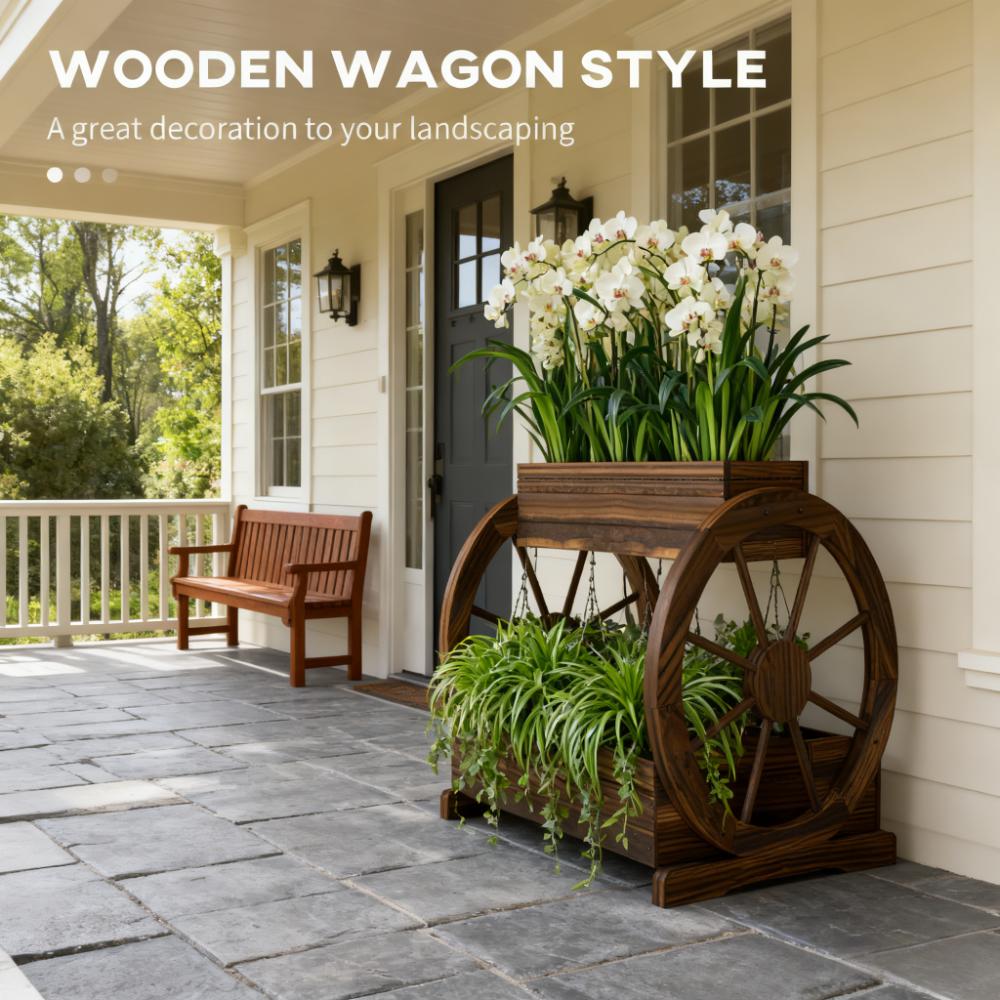 Outdoor Wooden Wagon Planter Box - 3-Tier Raised Garden Bed