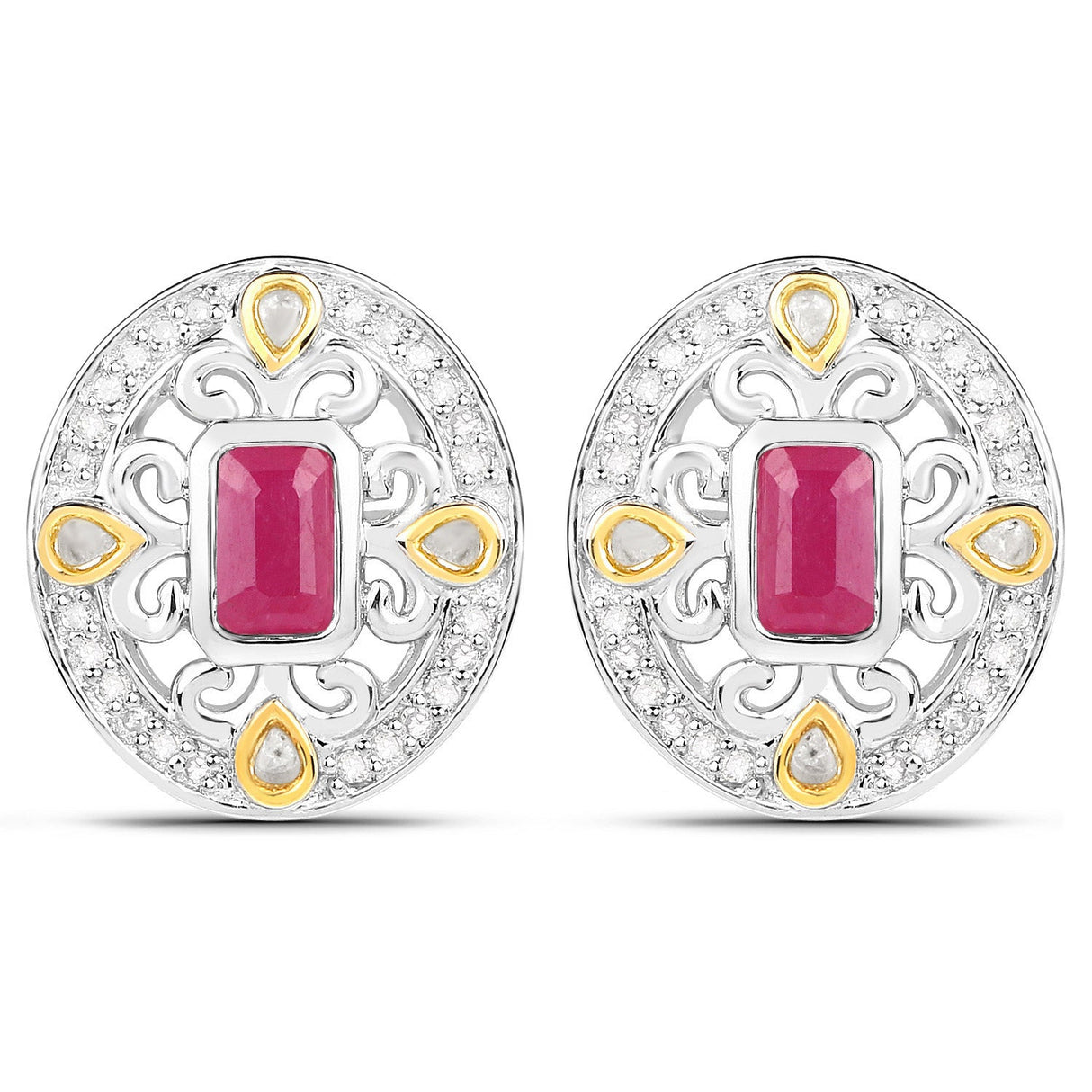 0.77 Carat Genuine Ruby and White Diamond .925 Sterling Silver Earrings