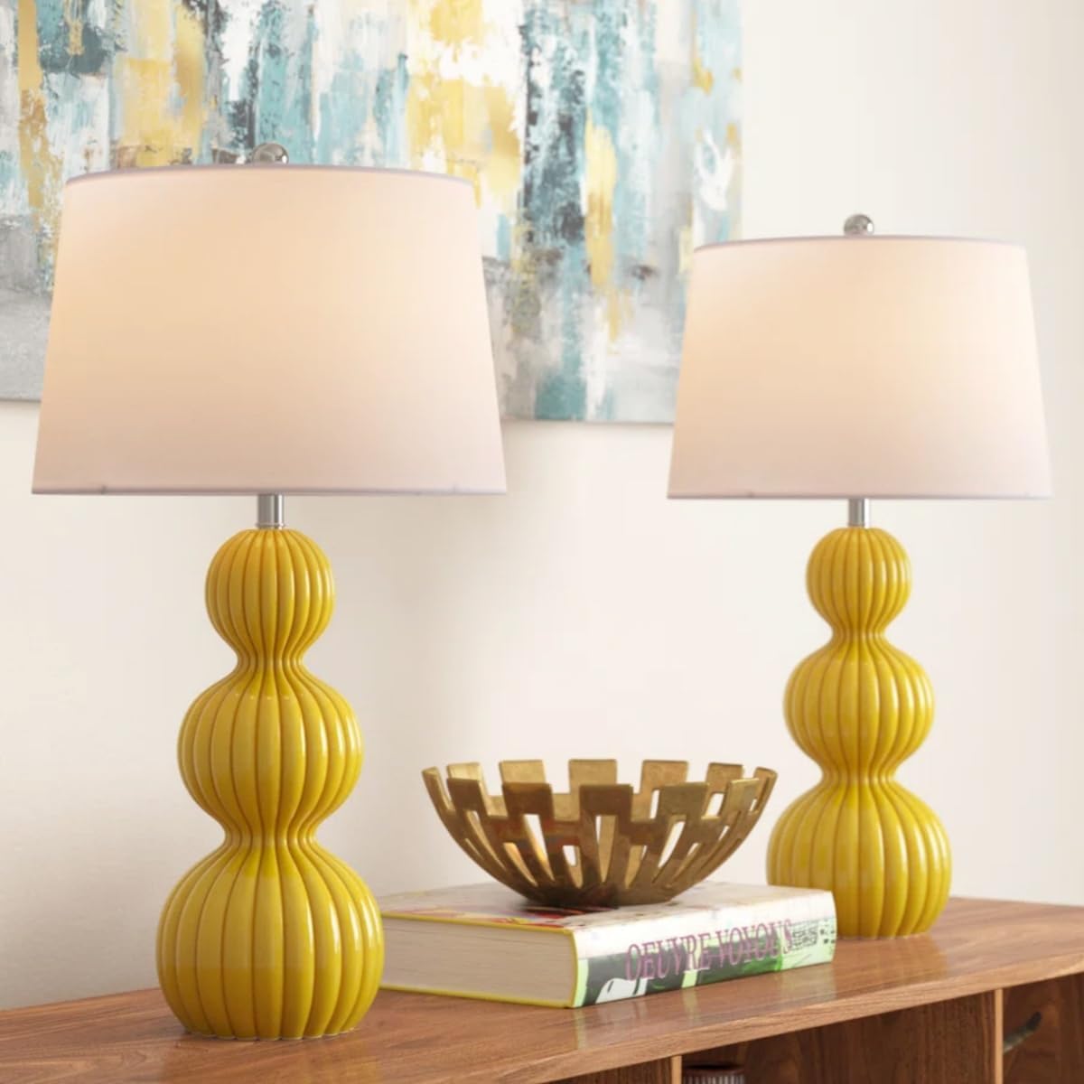 28-Inch Ceramic Table Lamps Set of 2, Modern Triple Gourd, Yellow with White Shade