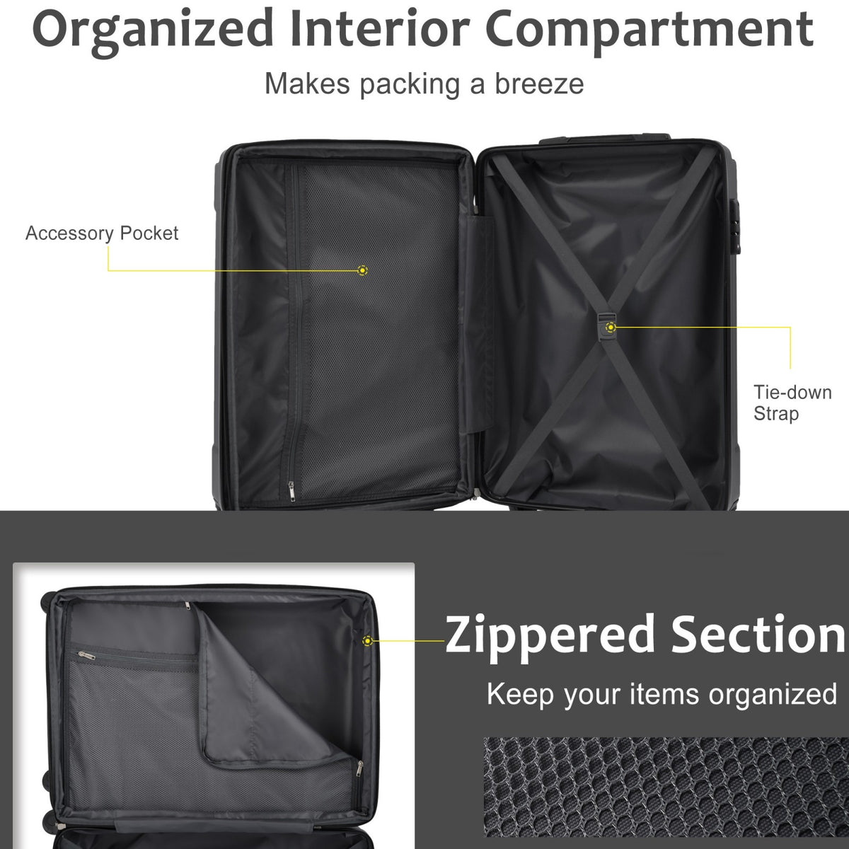 Hardshell Luggage, 24-Inch Expandable ABS Suitcase with Double Wheels, Black