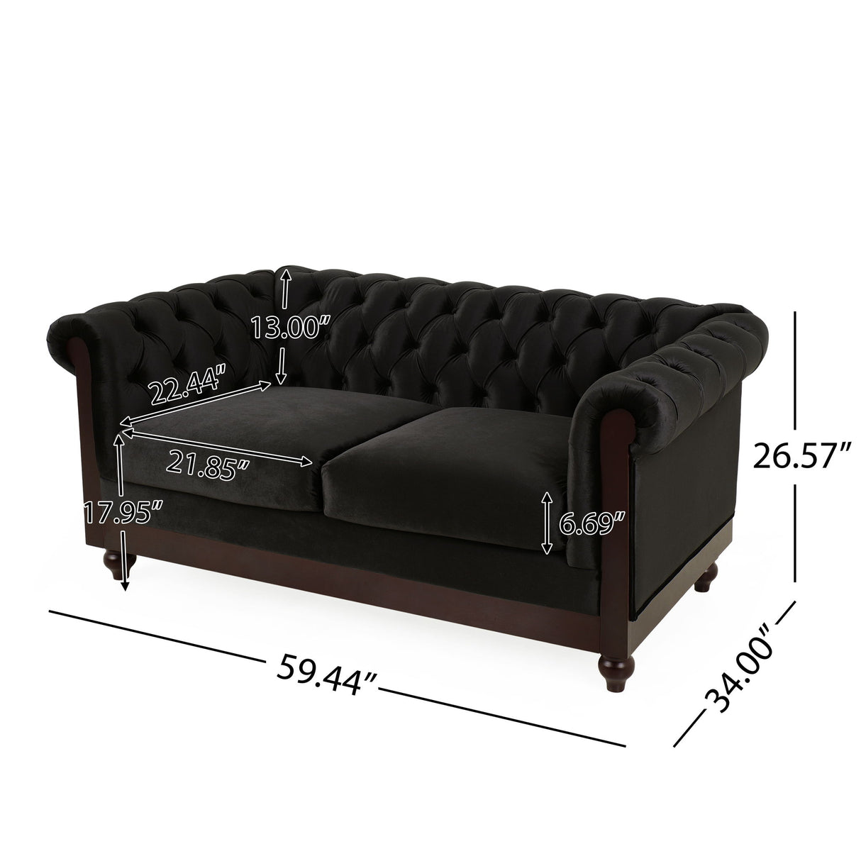 Chesterfield Loveseat Sofa, 2 Person Rolled Arm Upholstered Couch