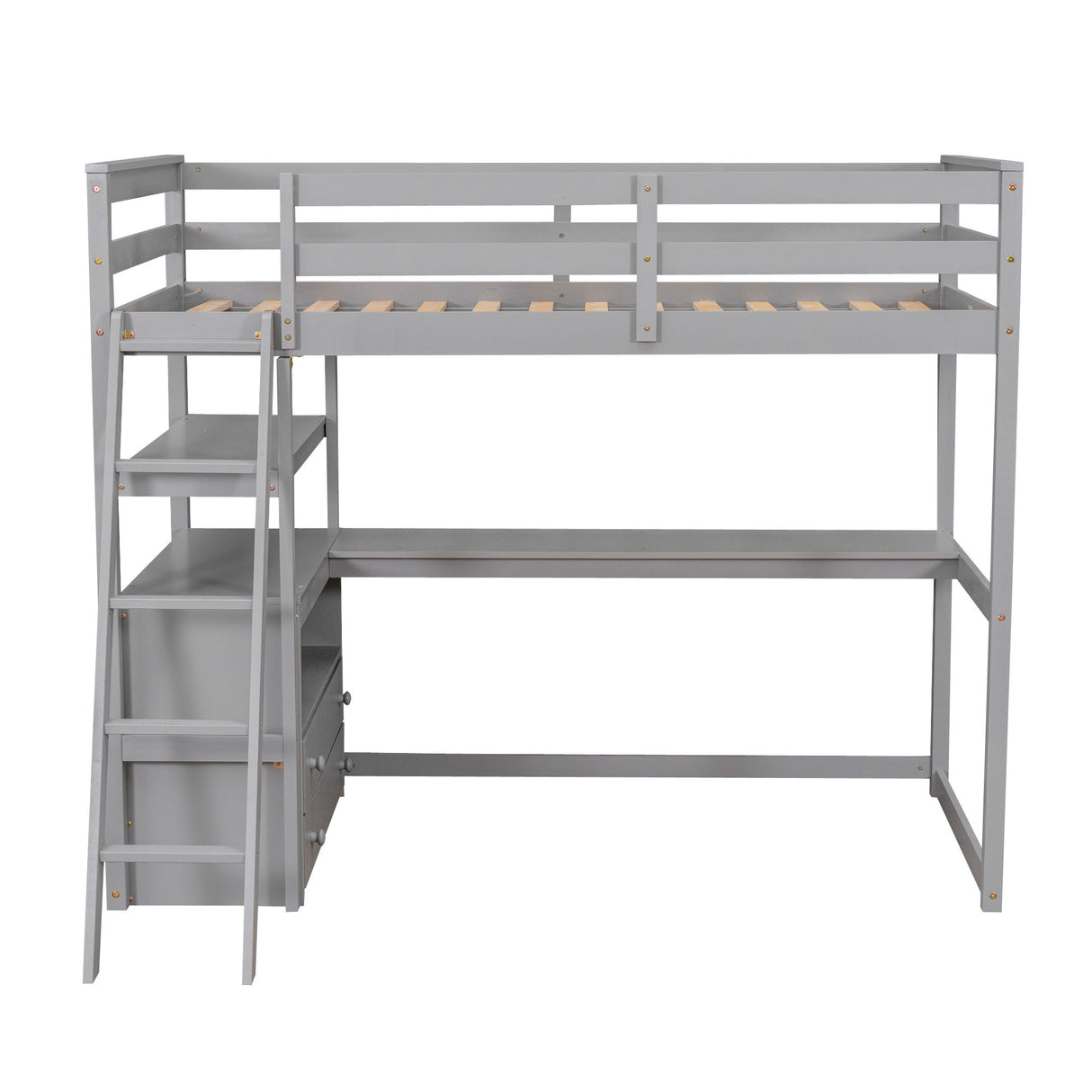 Modern Loft Bed With Built In Desk, Shelves, And 2 Drawers