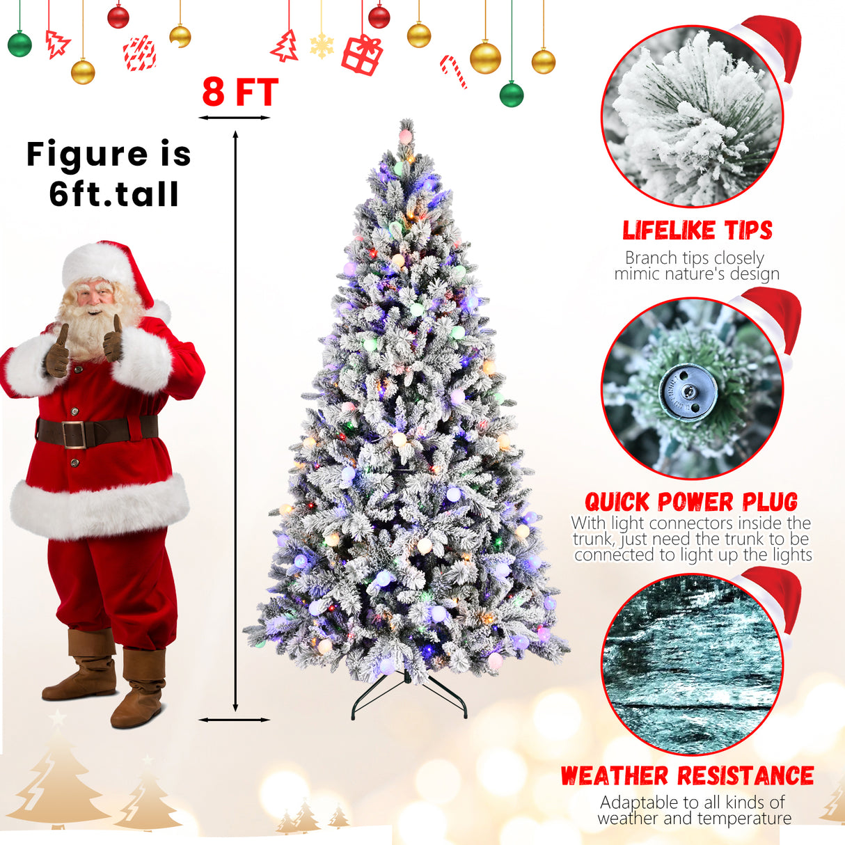 8Ft Flocked Christmas Tree with 470L Colorful LED Lights