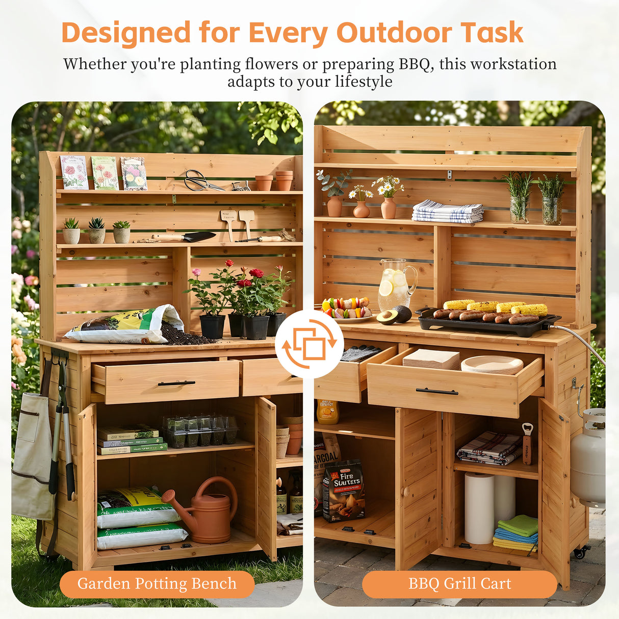 TOPMAX 65''H Large Garden Potting Bench with Lockable Wheels and Storage Cabinet