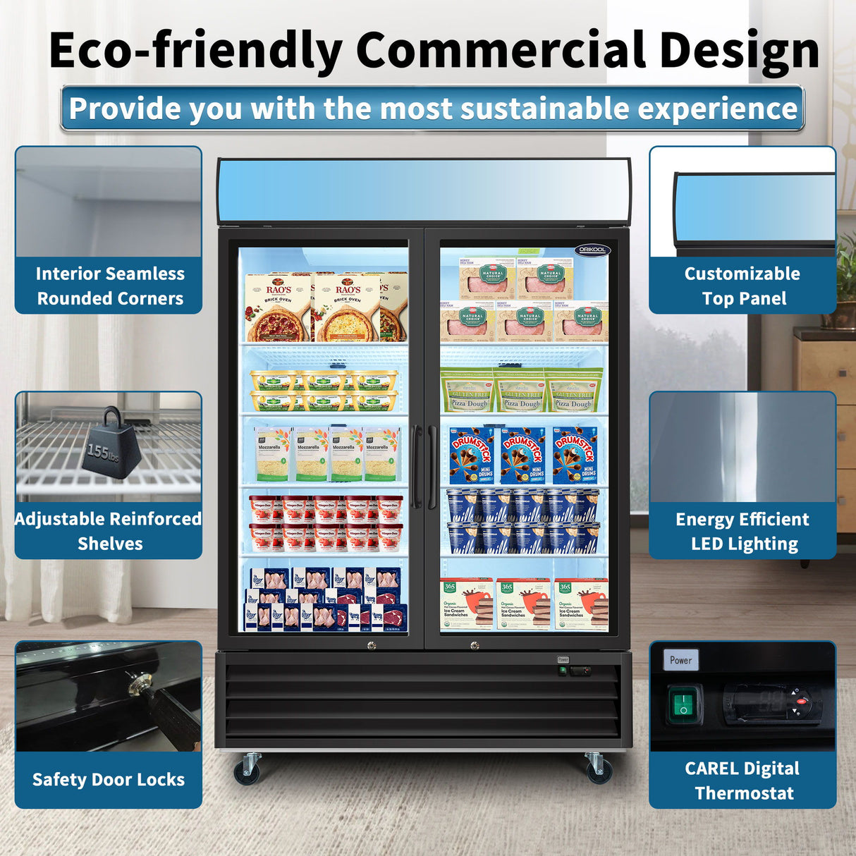 Glass Door Merchandiser Freezer Swing Door Commercial Reach-In Display Freezers With LED Top Panel Upright Freeze Storage