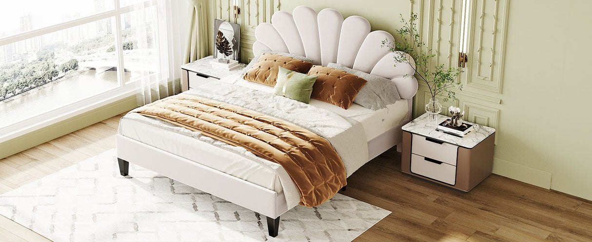 Upholstered Platform Bed With Flower Pattern Headboard