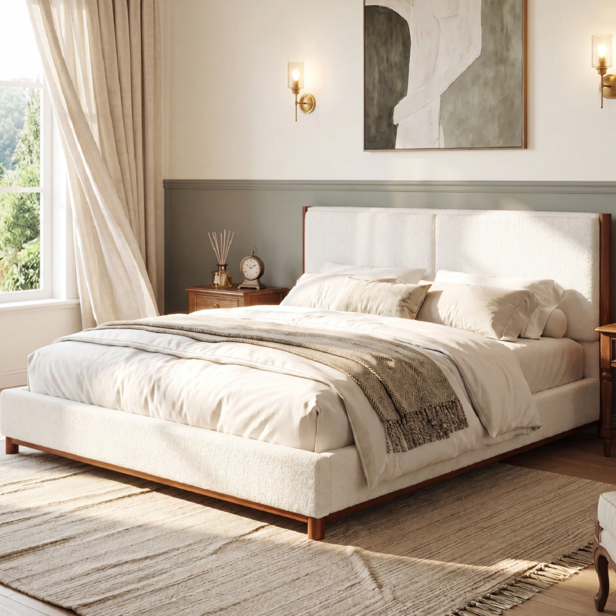 King Size Upholstered Bed Frame with Slat Support - White & Walnut