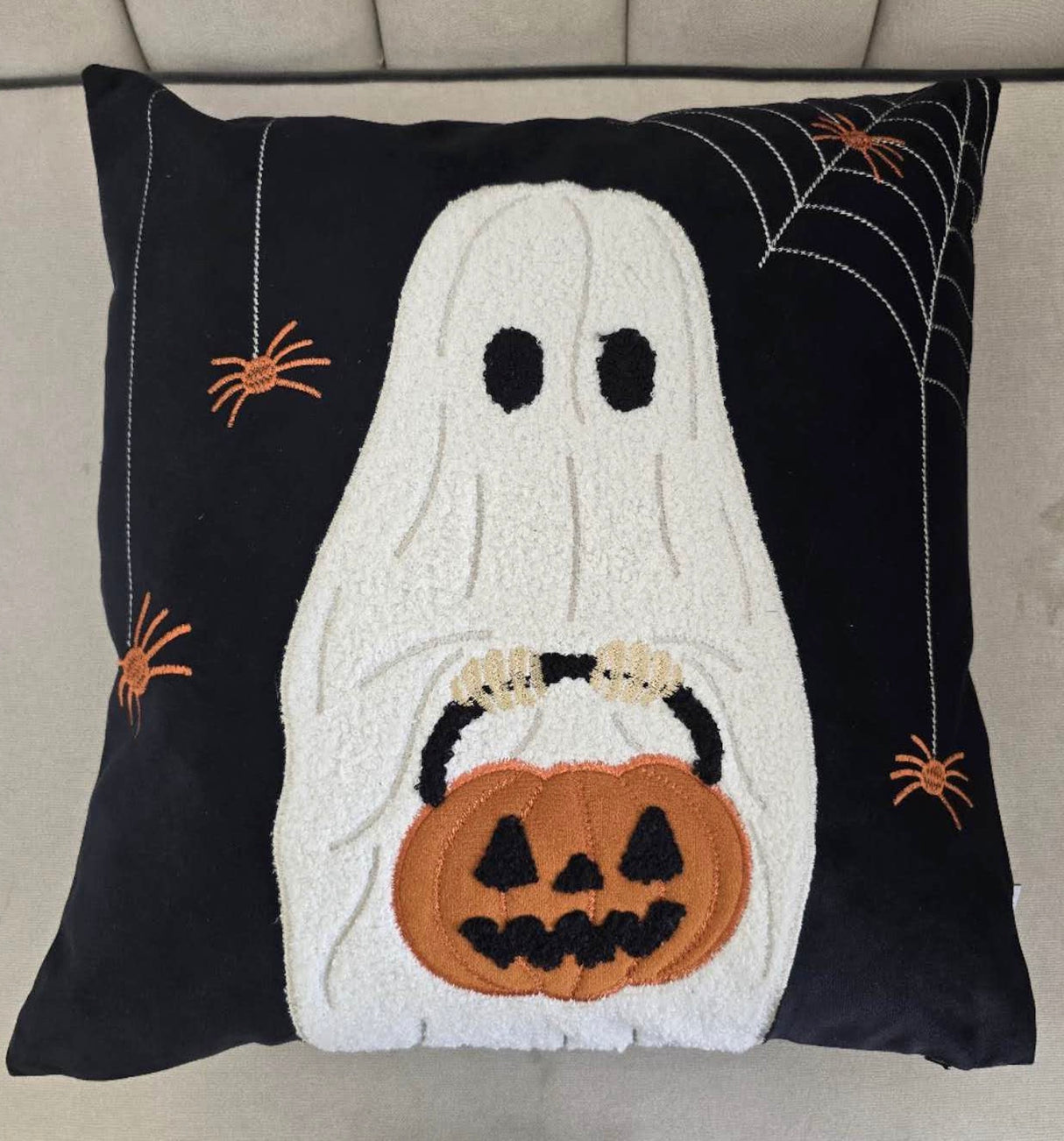 Halloween Ghost with Pumpkin Bucket Throw Pillow Set of 2