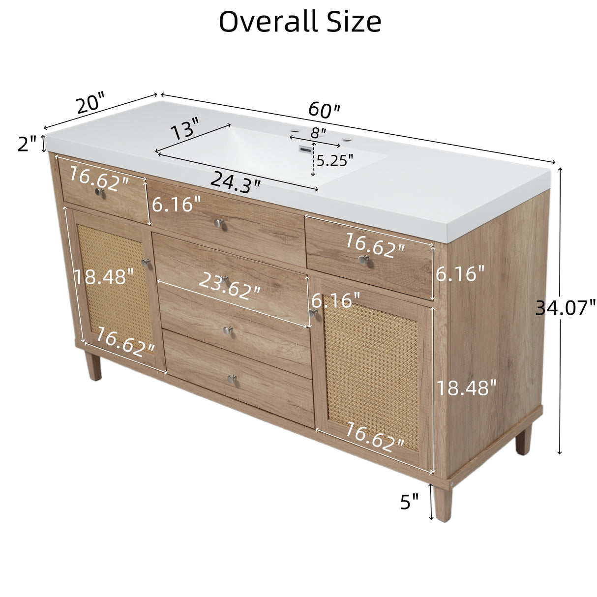 60" Bathroom Vanity with SMC Sink and Rattan Doors
