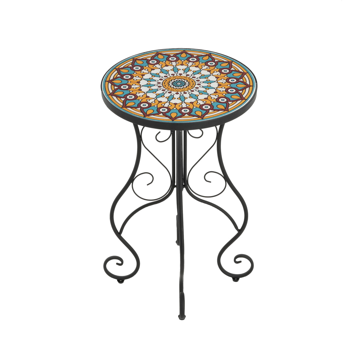 Round Ceramic Outdoor Side Table, Colorful + Black