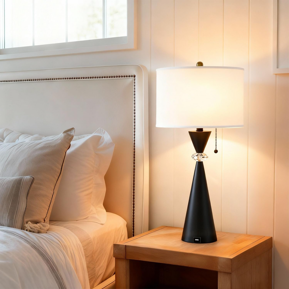 28-Inch Modern Table Lamps Set of 2, Bedside Lamps with USB Charging Ports, Black