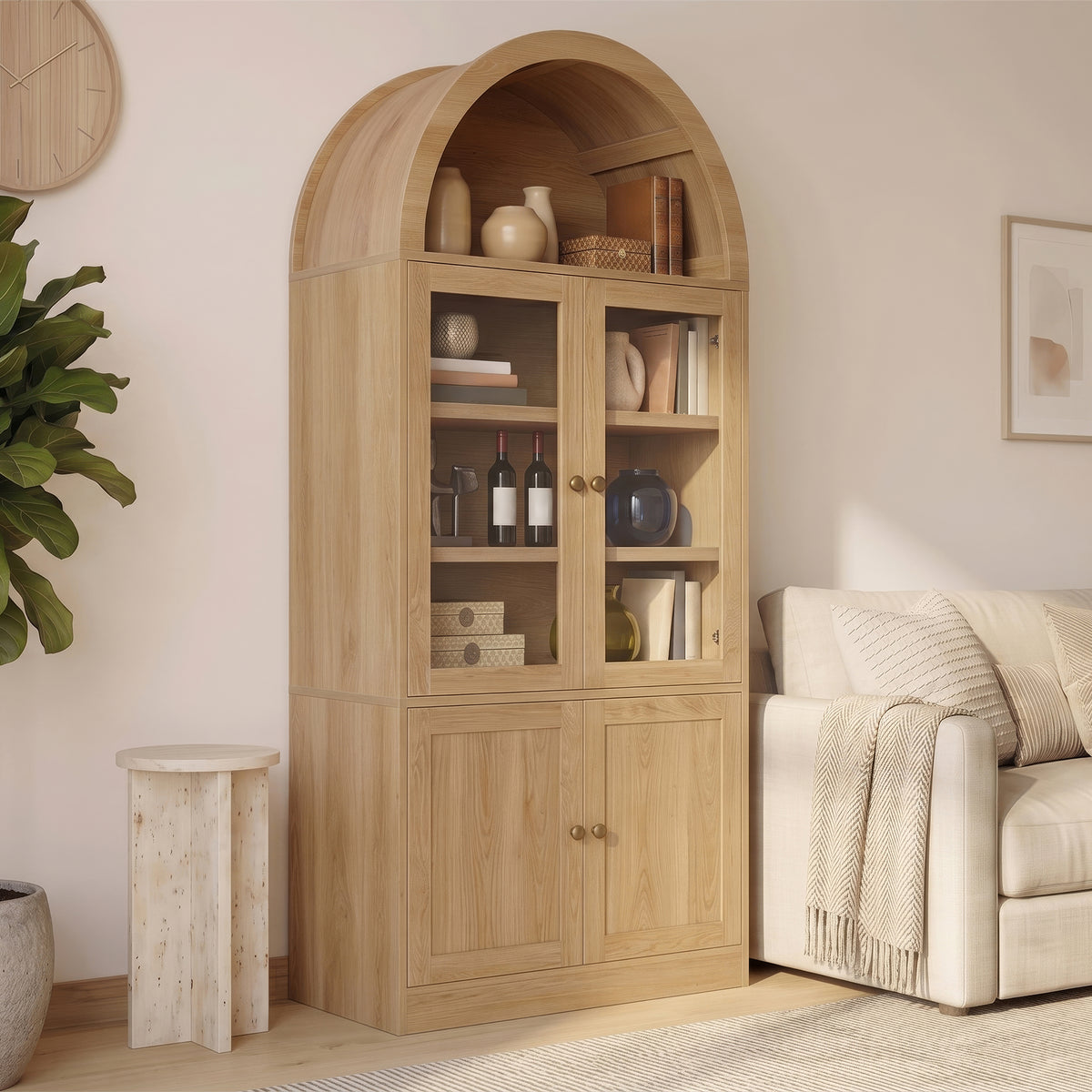Tall Arched Top Storage Cabinet with Tempered Glass Doors