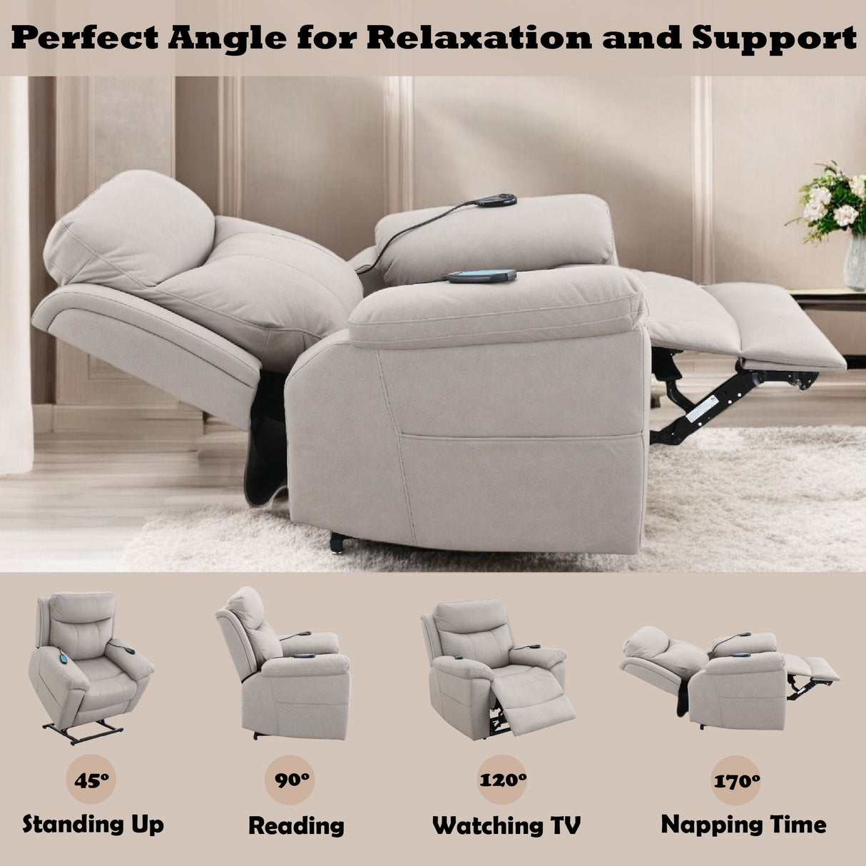 Chriki - Power Motion Recliner With Lift Heating Massage Chair - Beige