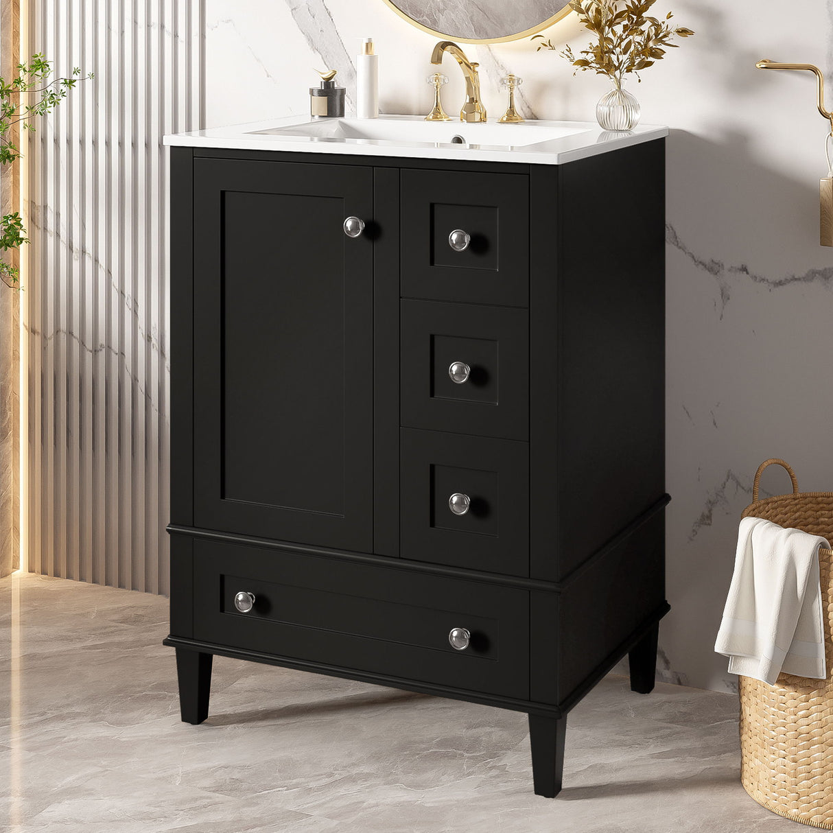 Bathroom Vanity With Integrated Basin, Soft Close Drawers, Door Mounted Double Layer Shelf