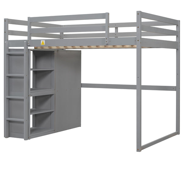 Loft Bed With Built In Wardrobe, Storage Shelves, And LED Light