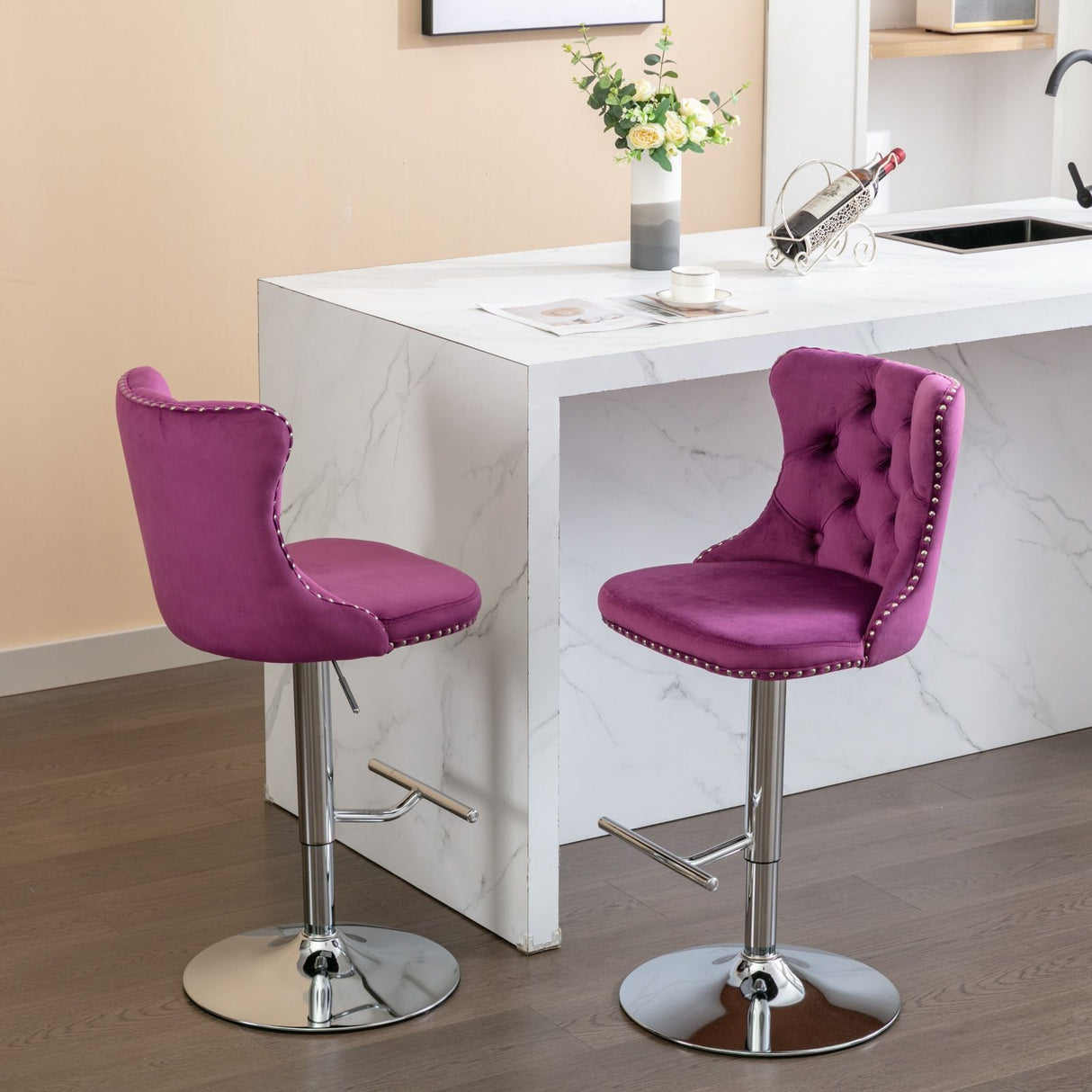 Swivel Barstools Adjusatble Seat Height From 25-33", Modern Upholstered Base Bar Stools With Backs Comfortable Tufted For Home Pub And Kitchen Island (Set of 2)