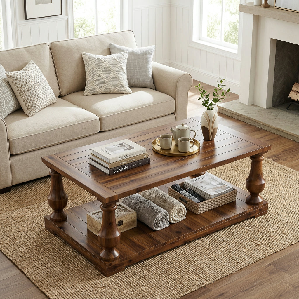 Farmhouse Coffee Table with Storage Shelf, Solid Pine Wood Turned Legs, Walnut