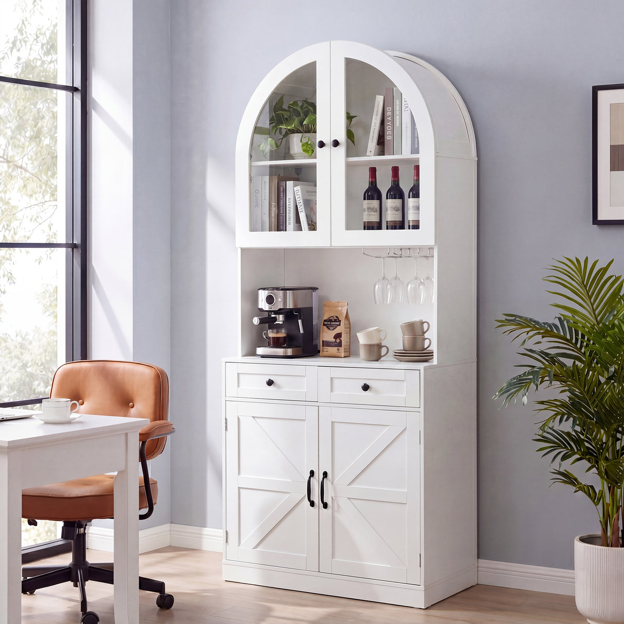 75" Farmhouse Tall Arched Pantry Cabinet with Charging Station