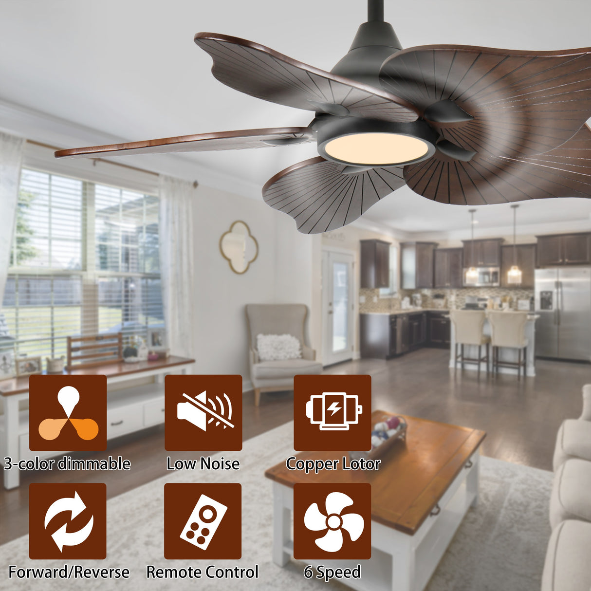 44-Inch Ceiling Fan with Light, 5 Solid Wood Blades, DC Motor