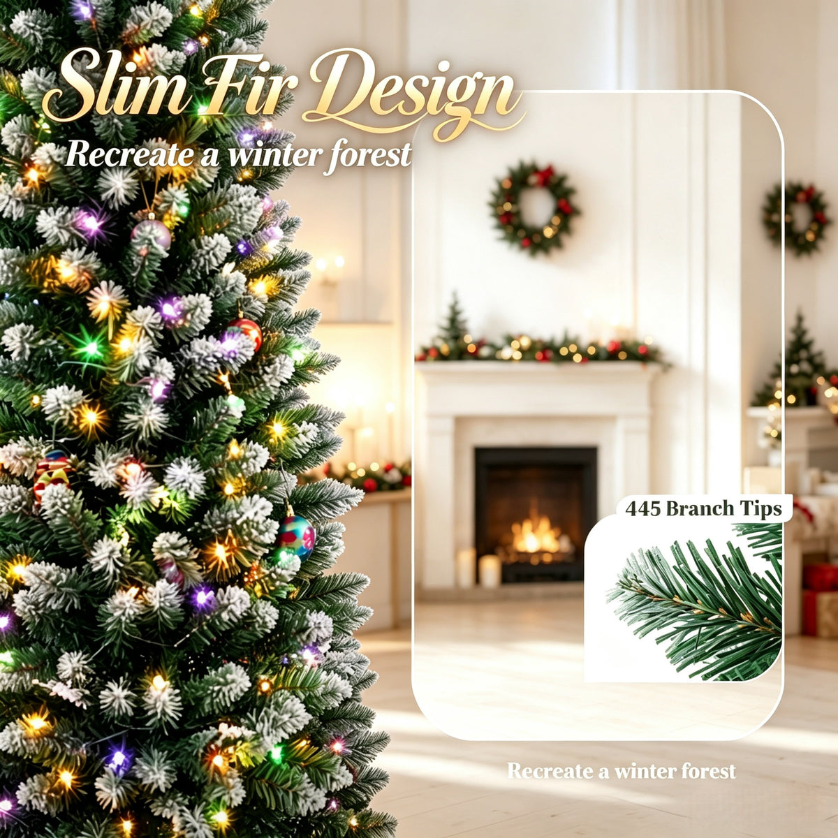8ft Flocked Pencil Prelit Christmas Tree, Dual-Color