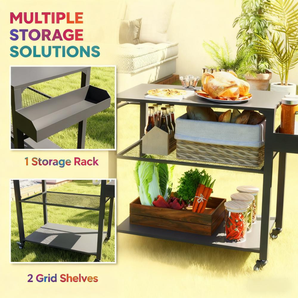 Movable Oven Table on Wheels - 3-Tier Outdoor Grill Cart