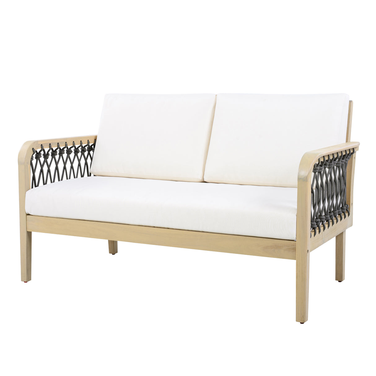 Outdoor Acacia Wood Loveseat & Coffee Table Set with Handwoven Rope, Light Teak