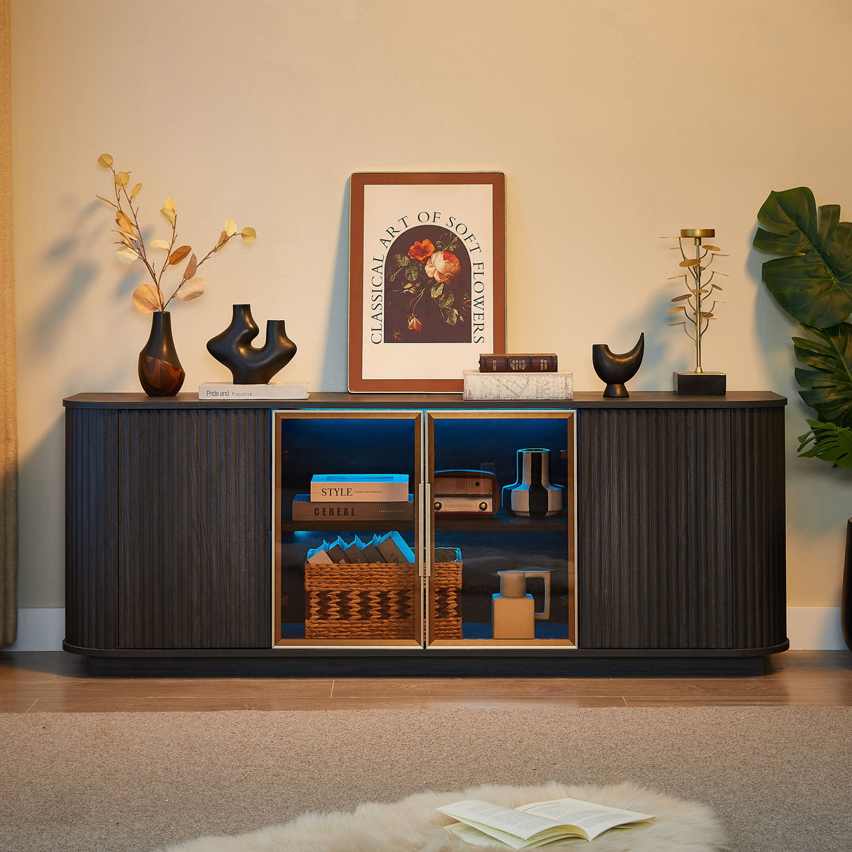 Modern 64" Wavy TV Cabinet With LED Lights - Black