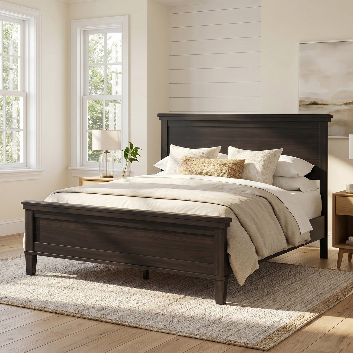 Mid-Century Modern Wood Platform Bed Frame with Headboard
