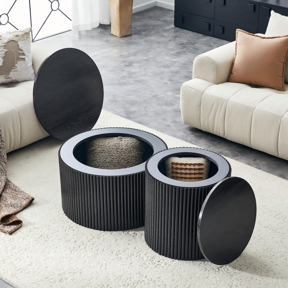 2-Piece Nesting Coffee Table Set, Roman Column Design MDF Round Tables with Built-in Storage