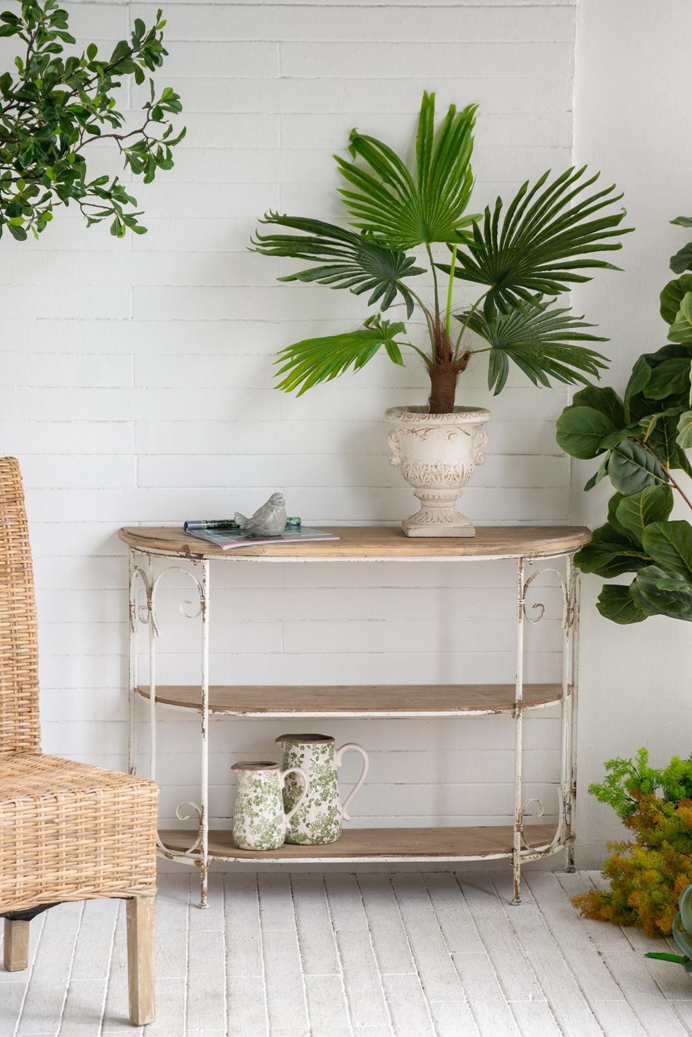 3 Tiered Wooden Shelving Unit With Ornate Iron Frame - Multicolor