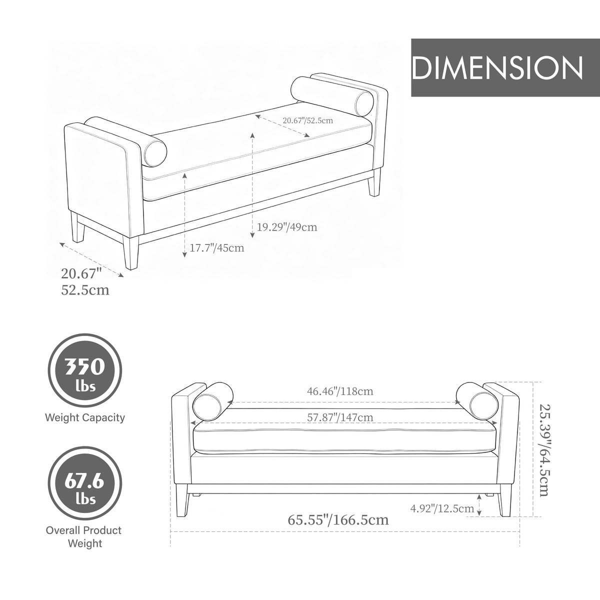 65.5"W Upholstered End of Bed Bench with Weathered Finish