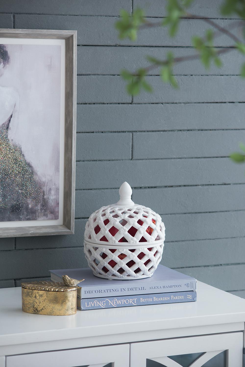 Decorative White Glazed Ceramic Jar with Lattice Design
