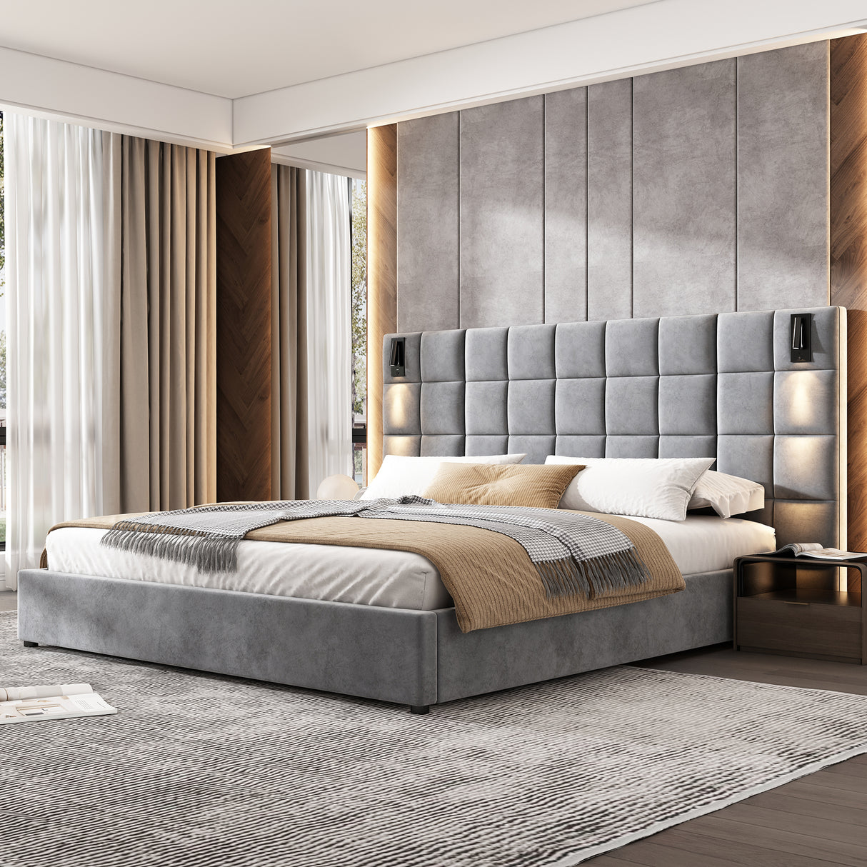 King Size Upholstered Bed Frame with Wall Sconce and USB Port