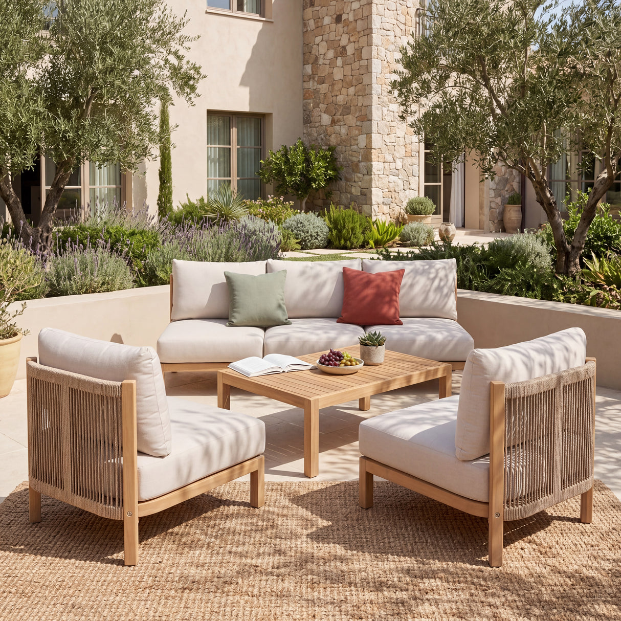 4 Piece Acacia Wood Outdoor Sofa Set with Rope-Woven Chairs