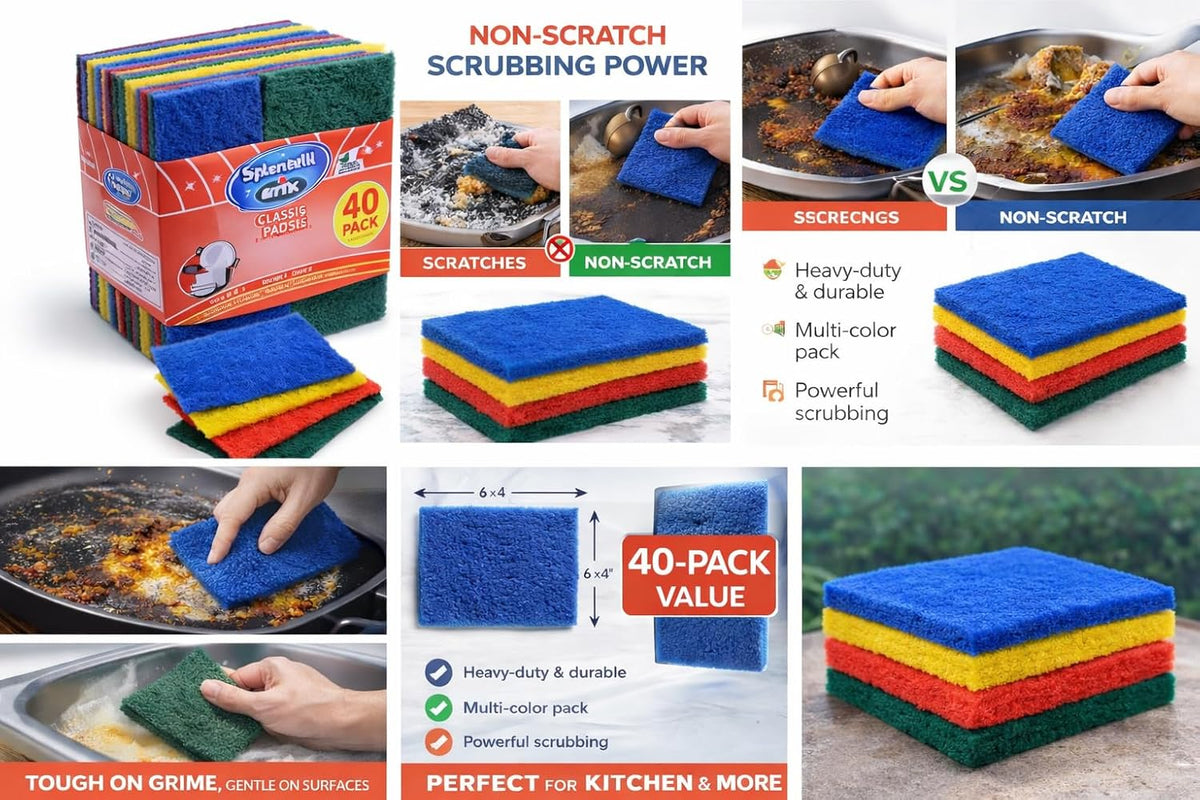 Non-Scratch Scouring Pads, Heavy Duty Dish Scrubber, Multi-Color, 4x6 Inch, 40 Pack, Reusable Kitchen Scrub Pads for Dishes and Grills