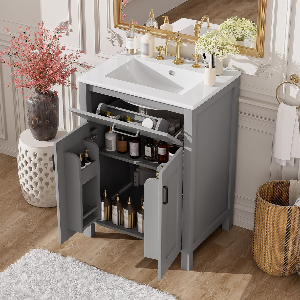 Bathroom Vanity With Ceramic Sink, Soft Close Doors, Flip Drawer, Double Layer Door Shelves