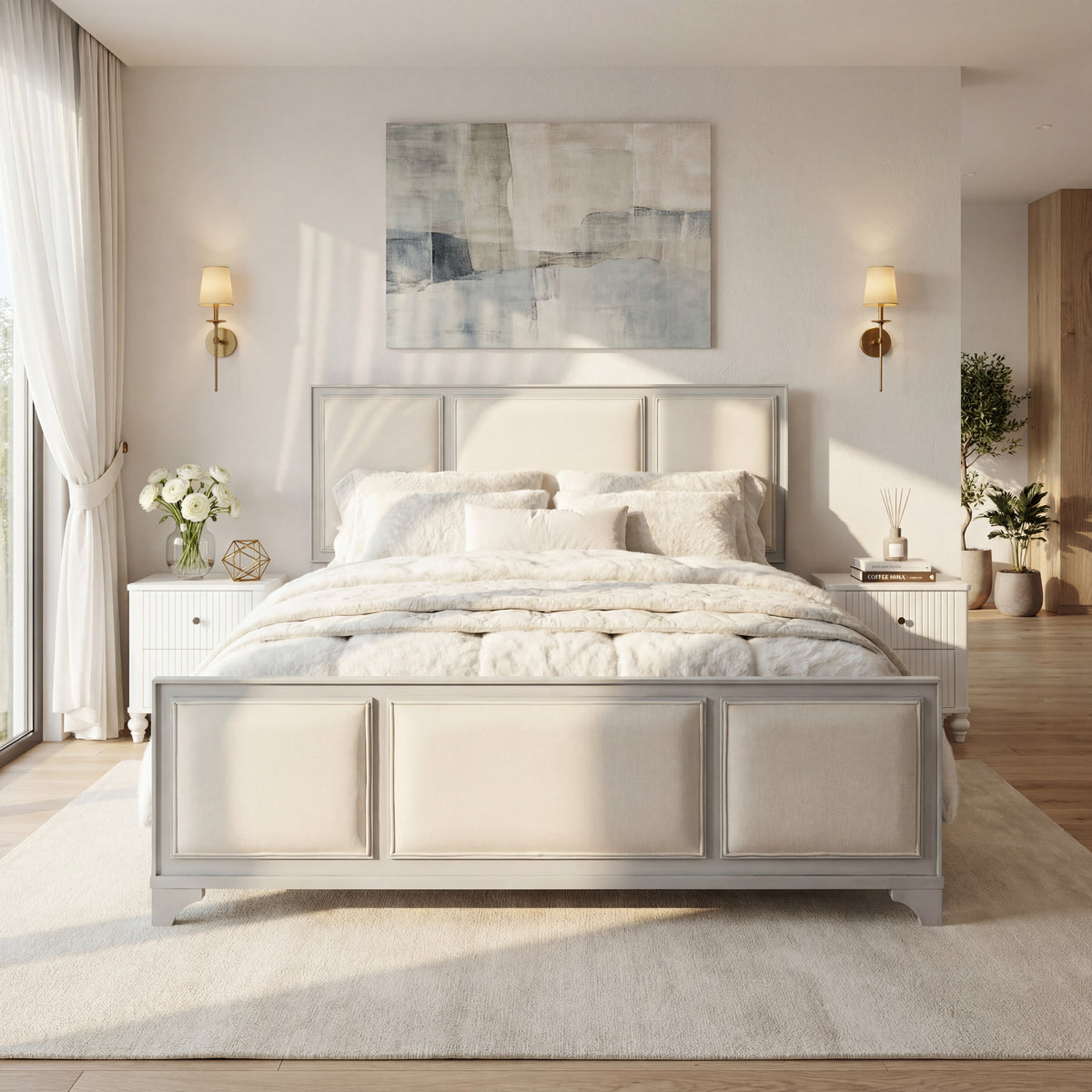 Queen Size Wooden Bed Frame with Upholstered Headboard