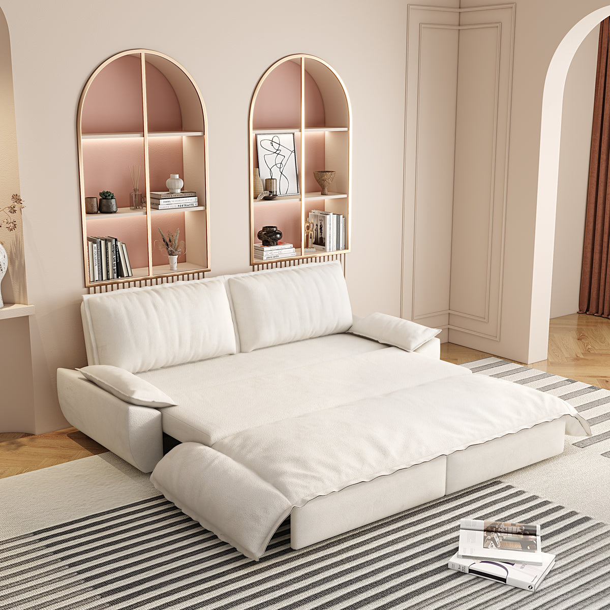 3-in-1 Convertible Velvet Sofa Bed with Queen Pull Out Sleeper - Beige/White