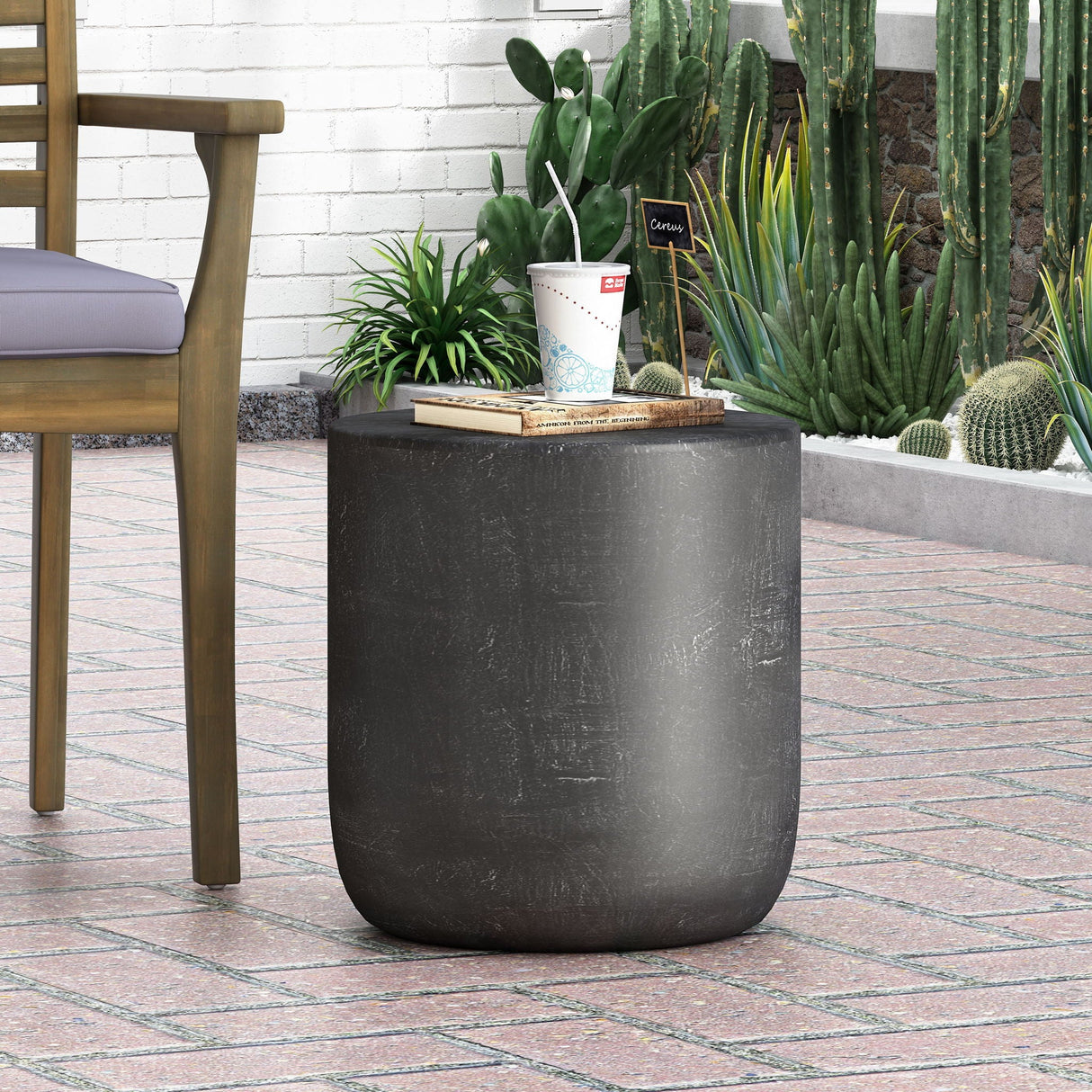 Outdoor Lightweight Concrete End Table With Natural Texture - Matte Black - Best Buy Furniture