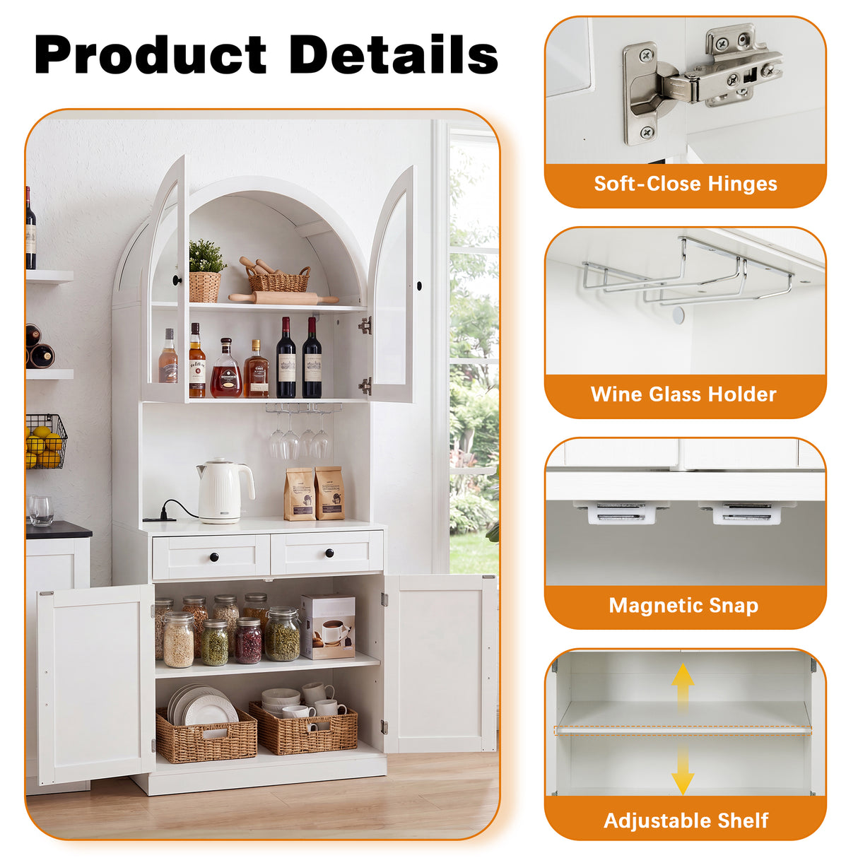 75" Farmhouse Tall Arched Pantry Cabinet with Charging Station