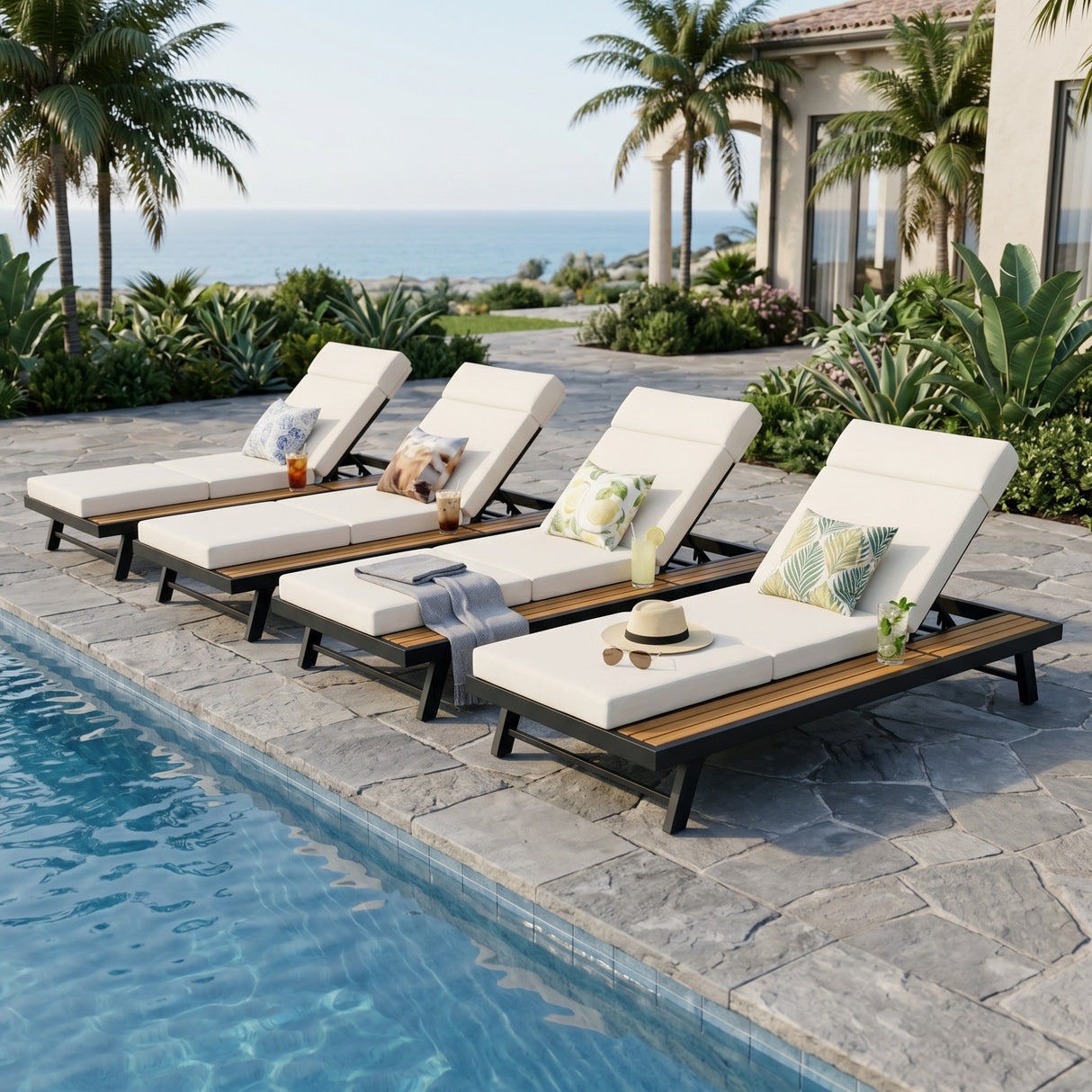 Black Iron and Teak Finish Outdoor Chaise Lounge Set