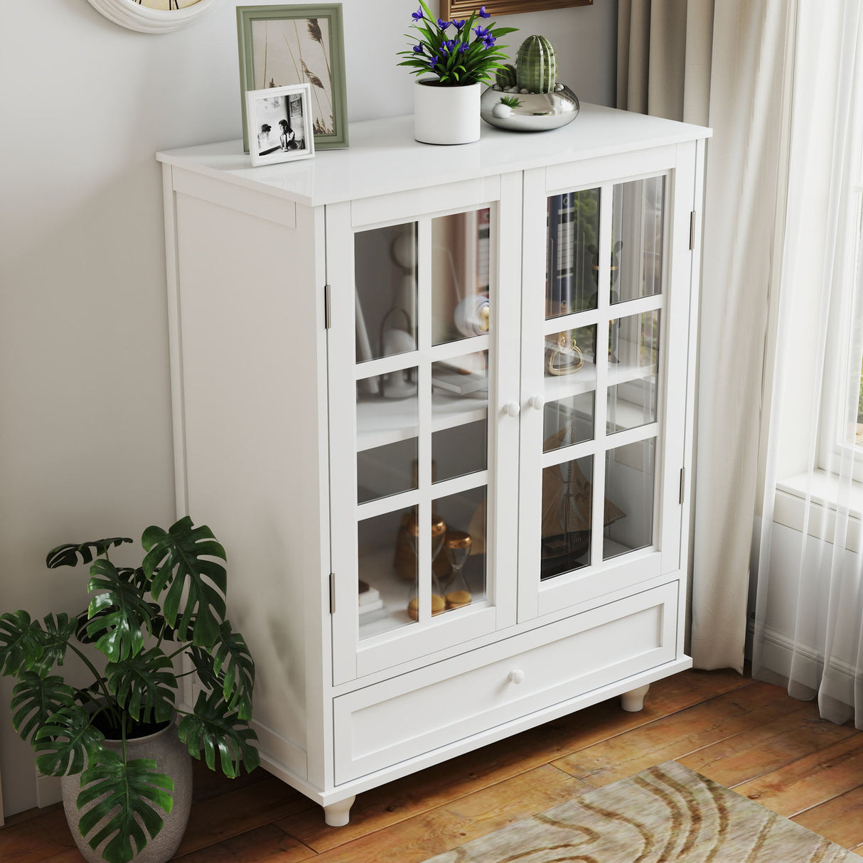 Minimalist Buffet Cabinet With Double Glass Doors And Drawer