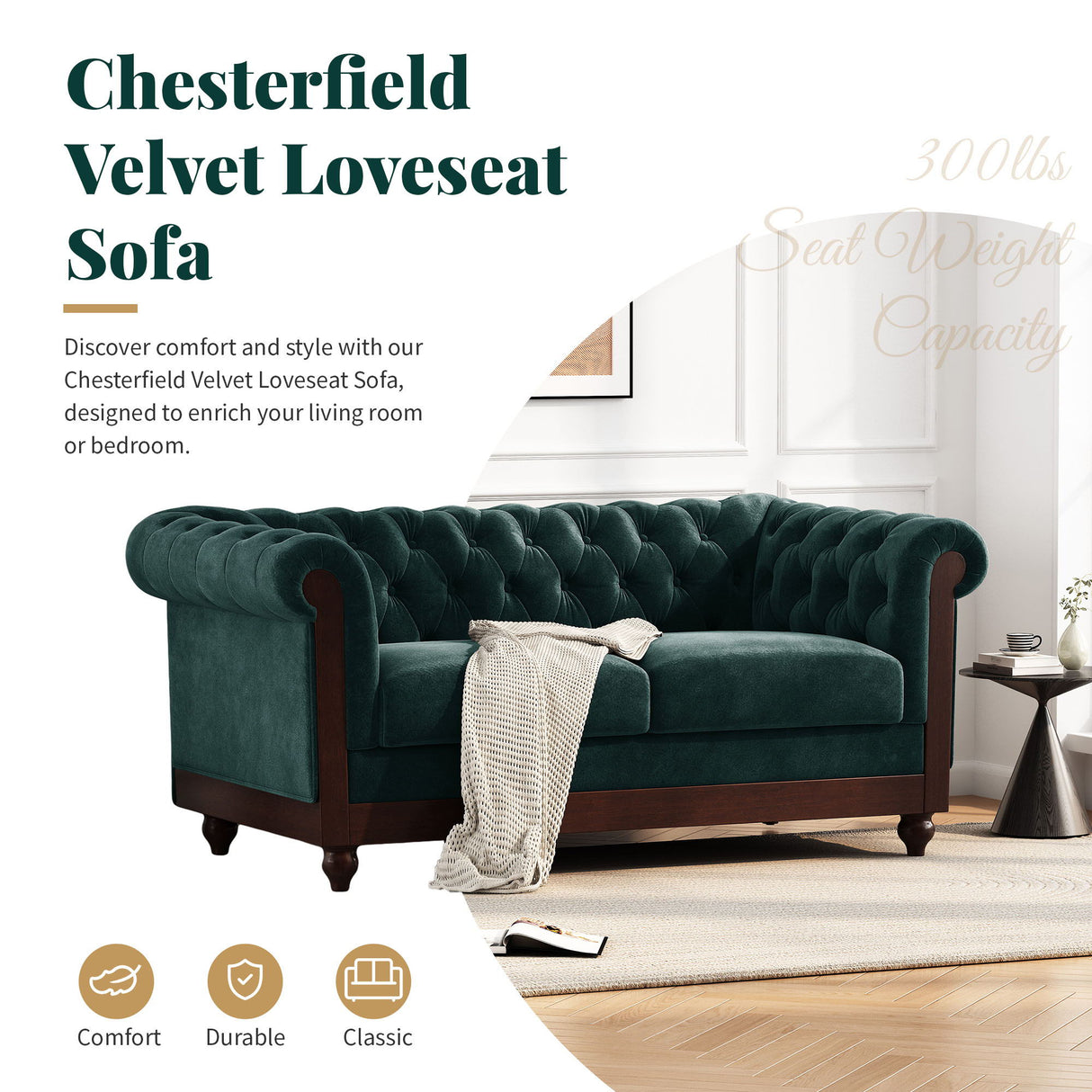 Chesterfield Velvet Loveseat Sofa, 2 Person Rolled Arm Upholstered Couch - Best Buy Furniture