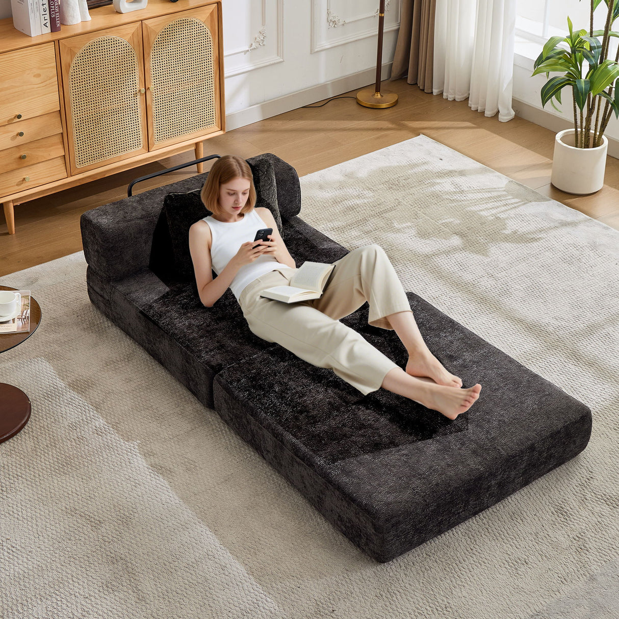 Convertible Floor Sofa Bed With Fixed Shape Frame For Living Room